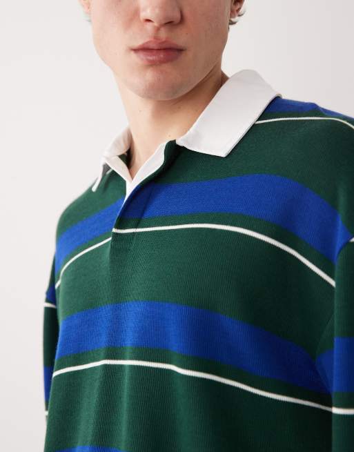 ASOS DESIGN – Langärmliges, gestreiftes Oversize-Rugby-Polohemd aus schwerem Stoff in Grün , 5 von 5