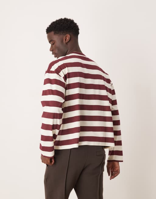 ASOS DESIGN – Langärmliges, gestreiftes Oversize-Shirt in Burgunderrot und Weiß mit kastigem Schnitt, 2 von 4