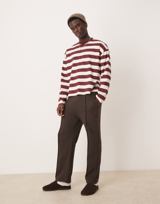 ASOS DESIGN – Langärmliges, gestreiftes Oversize-Shirt in Burgunderrot und Weiß mit kastigem Schnitt, 3 von 4