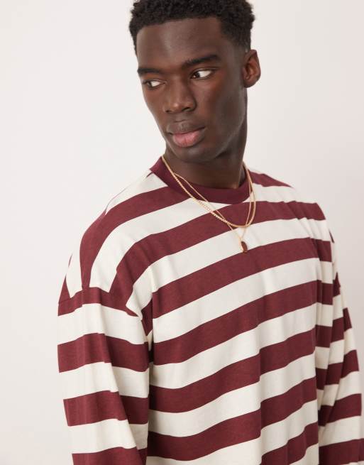 ASOS DESIGN – Langärmliges, gestreiftes Oversize-Shirt in Burgunderrot und Weiß mit kastigem Schnitt, 4 von 4