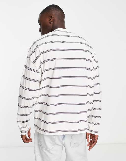 ASOS DESIGN – Langärmliges, gestreiftes Oversize-Shirt in gebrochenem Weiß mit Stickerei vorne, 4 von 4