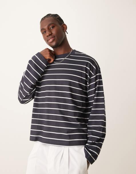 ASOS DESIGN – Langärmliges, gestreiftes Oversize-Shirt in Marineblau und Weiß mit kastigem Schnitt - view 1