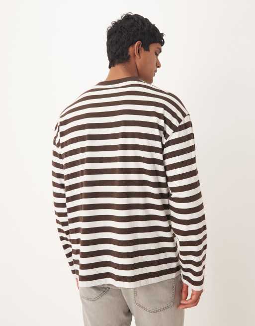 ASOS DESIGN – Langärmliges, gestreiftes Oversize-T-Shirt in Braun und Ecru, 3 von 5