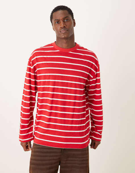 ASOS DESIGN – Langärmliges, gestreiftes Oversize-T-Shirt in Rot und Weiß - view 1