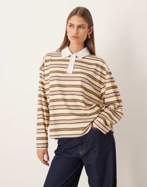 ASOS DESIGN – Langärmliges, gestreiftes Rugby-Polohemd in Gelb und Schokobraun - view 1