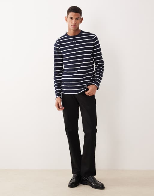 ASOS DESIGN – Langärmliges, gestreiftes Shirt in Marineblau und Weiß mit Henley-Ausschnitt, 2 von 5