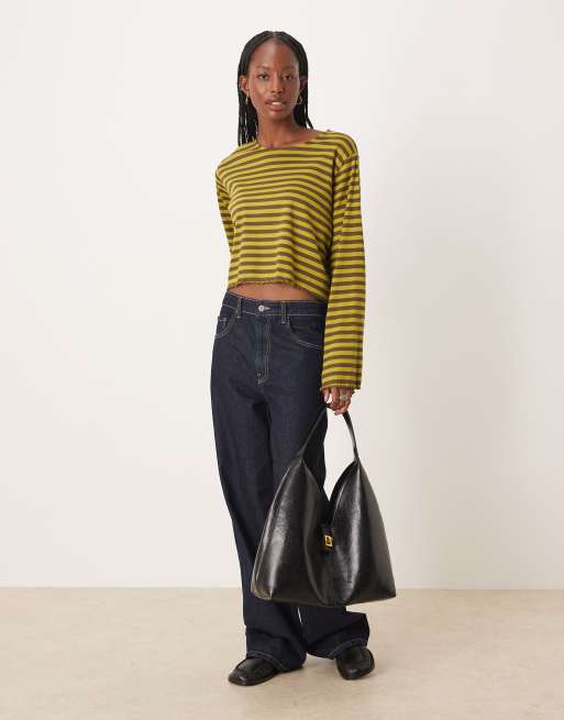 ASOS DESIGN – Langärmliges, gestreiftes T-Shirt in Olivgrün mit Kräuselsaum, 2 von 4