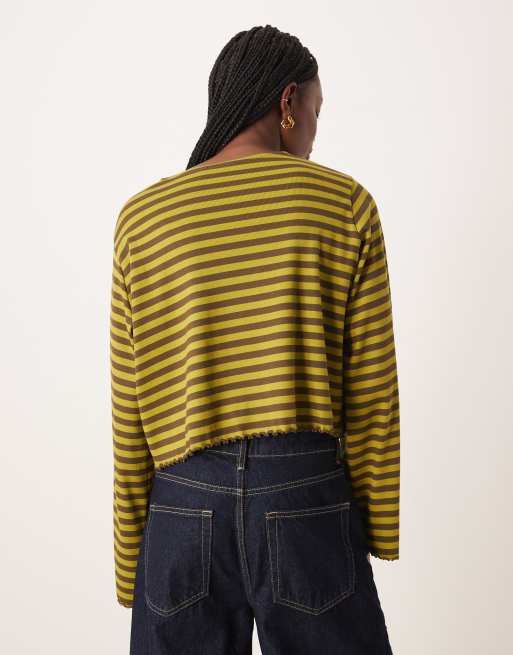 ASOS DESIGN – Langärmliges, gestreiftes T-Shirt in Olivgrün mit Kräuselsaum, 4 von 4