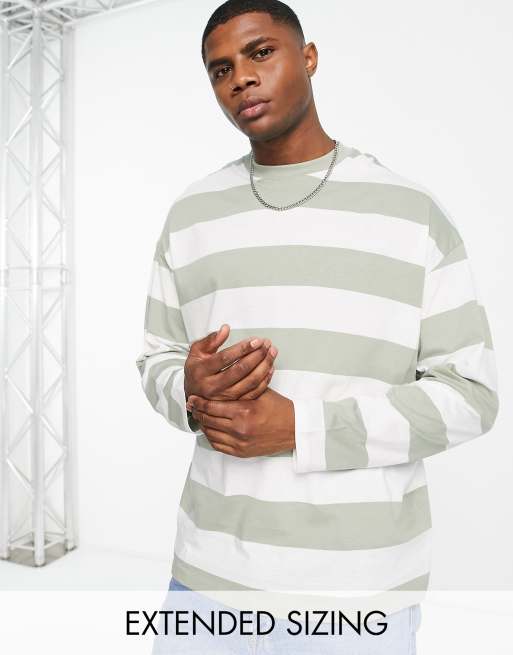 ASOS DESIGN – Langärmliges, gestreiftes Oversize-Shirt in Grün und Weiß