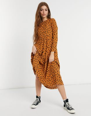 asos design -  – Langärmliges, gestuftes Midikleid mit Animal-Print-Mehrfarbig
