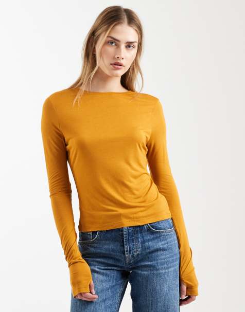 ASOS DESIGN – Langärmliges, halbtransparentes, hautenges Oberteil in Ocker - view 1