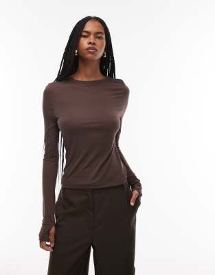 ASOS DESIGN - Langärmliges, halbtransparentes, hautenges Oberteil in Schokobraun-Brown