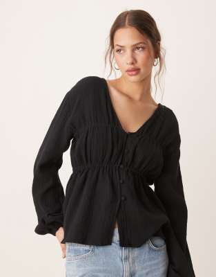 ASOS DESIGN - Langärmliges Hänger-Oberteil in Schwarz mit Knöpfen vorne