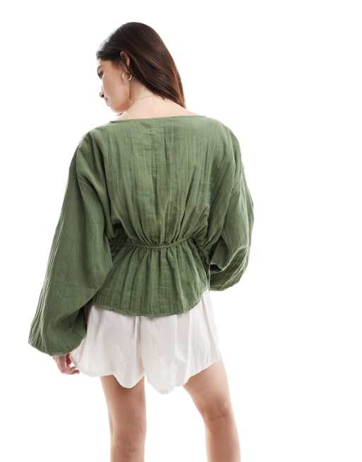 ASOS DESIGN – Langärmliges Hängeroberteil in Khaki mit Bindedetails, 2 von 4