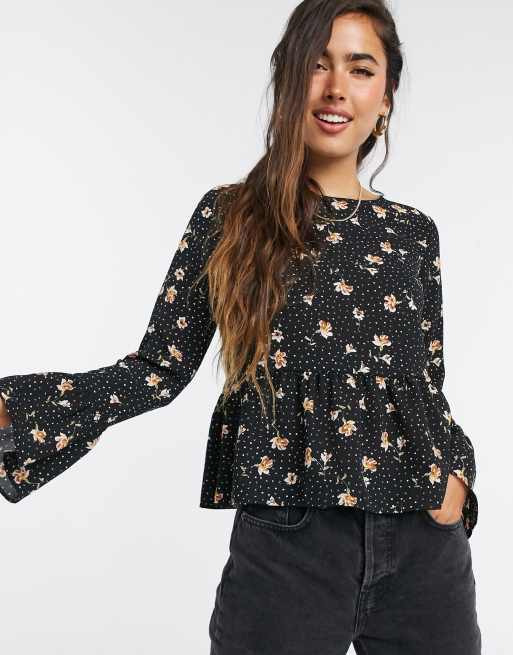 ASOS DESIGN – Langärmliges Hängeroberteil mit Punkte- & Blumenmuster