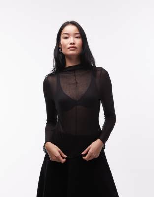 ASOS DESIGN - Langärmliges, hautenges Oberteil in schwarzer Strickoptik mit Stehkragen