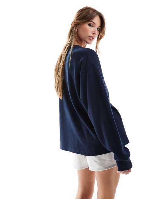 ASOS DESIGN – Langärmliges Henley-Shirt in Marineblau mit Waffelstruktur und Oversize-Passform, 4 von 4