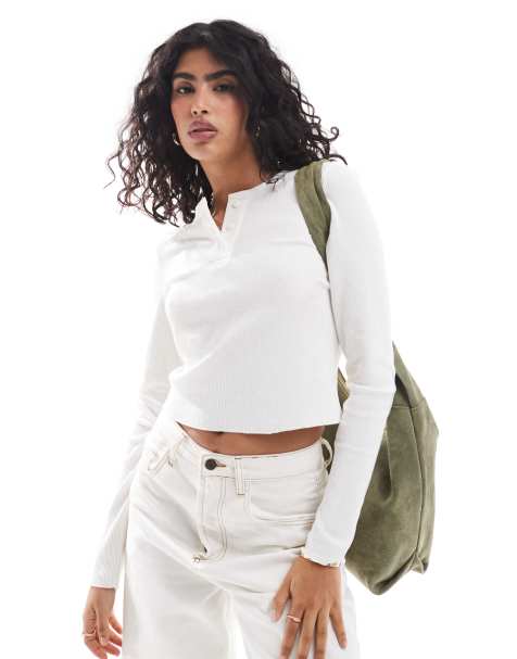 ASOS DESIGN – Langärmliges Henley-T-Shirt in Cremeweiß mit Waffelstruktur - view 1