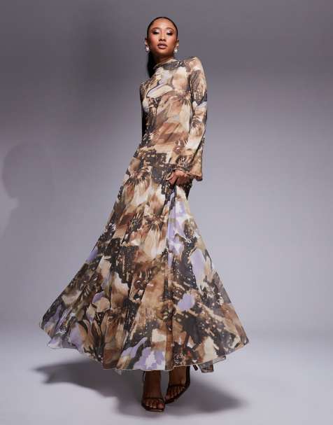 ASOS DESIGN – Langärmliges, hochgeschlossenes A-Linien-Maxikleid aus Mesh mit Oversize-Blumenmuster - view 1