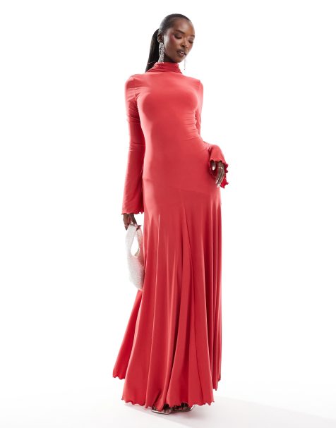 ASOS DESIGN – Langärmliges, hochgeschlossenes A-Linien-Maxikleid in Korallenrot - view 1