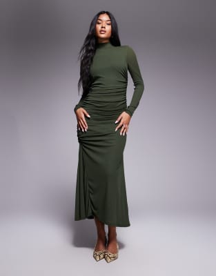 ASOS DESIGN - Langärmliges, hochgeschlossenes Maxikleid in Khaki mit asymmetrischem Saum-Grün