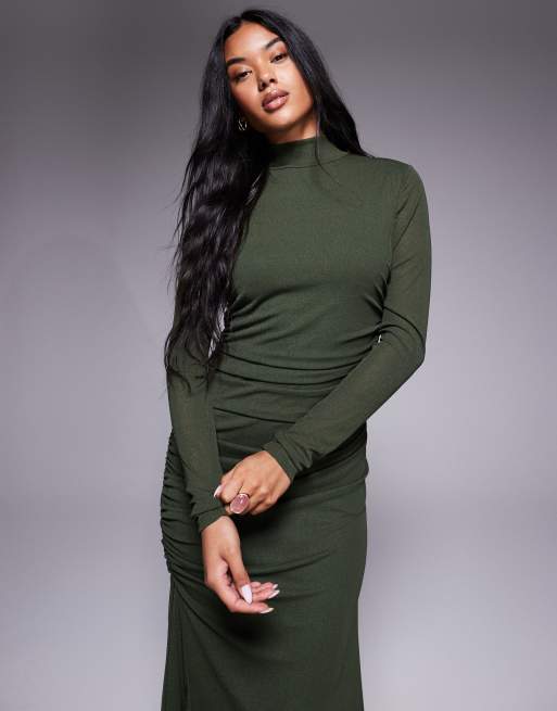 ASOS DESIGN – Langärmliges, hochgeschlossenes Maxikleid in Khaki mit asymmetrischem Saum, 2 von 4