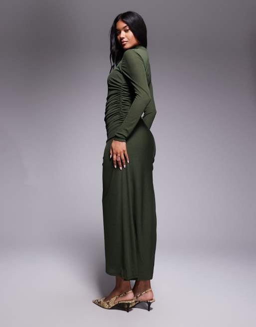ASOS DESIGN – Langärmliges, hochgeschlossenes Maxikleid in Khaki mit asymmetrischem Saum, 4 von 4