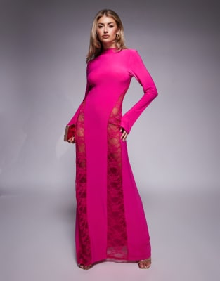 ASOS DESIGN - Langärmliges, hochgeschlossenes Maxikleid in Rosa mit gesäumten Spitzen-Einsätzen-Blau