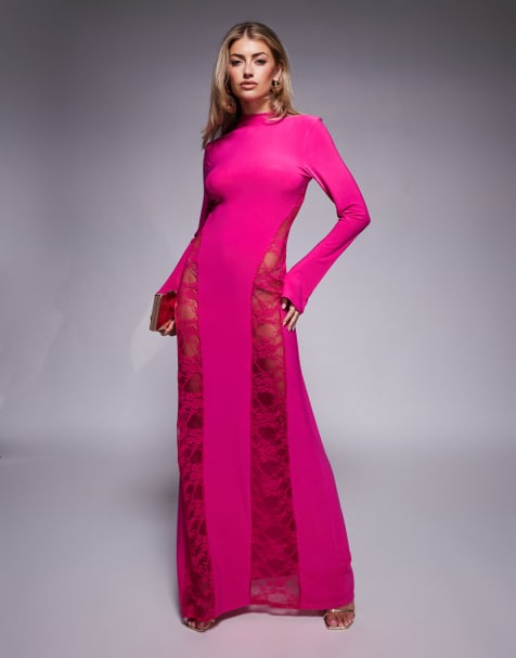 ASOS DESIGN – Langärmliges, hochgeschlossenes Maxikleid in Rosa mit gesäumten Spitzen-Einsätzen - view 1