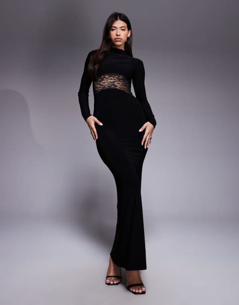 ASOS DESIGN – Langärmliges, hochgeschlossenes Maxikleid in Schwarz mit Spitzeneinsatz - view 1