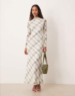 ASOS DESIGN - Langärmliges, hochgeschlossenes Midi-Wickelkleid in Grau kariert-Bunt