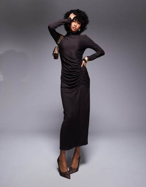 ASOS DESIGN – Langärmliges, hochgeschlossenes Midikleid in Schokobraun mit seitlicher Raffung - view 1