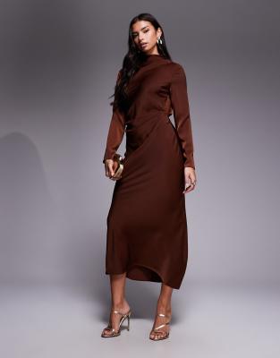 ASOS DESIGN - Langärmliges, hochgeschlossenes Midikleid mit plissiertem Oberteil-Brown