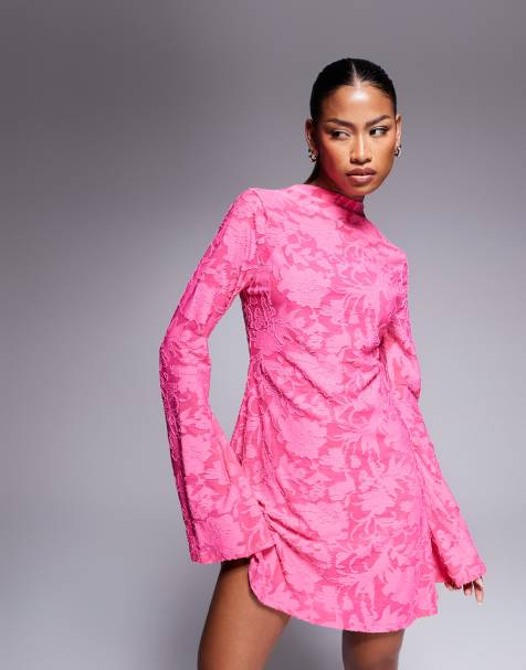 ASOS DESIGN – Langärmliges, hochgeschlossenes Minikleid aus rosa Ausbrennerstoff mit Rückenausschnitt - view 1