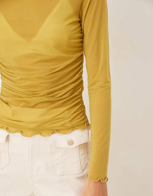 ASOS DESIGN – Langärmliges, hochgeschlossenes Netzstoff-Oberteil in halbtransparentem Gelbgrün, 3 von 4