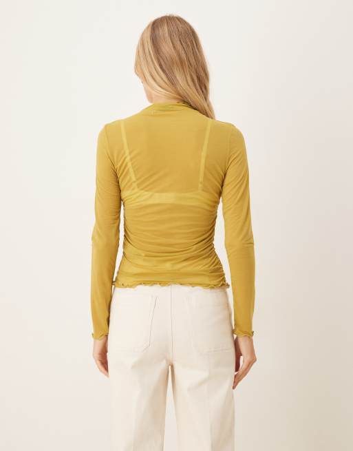 ASOS DESIGN – Langärmliges, hochgeschlossenes Netzstoff-Oberteil in halbtransparentem Gelbgrün, 4 von 4