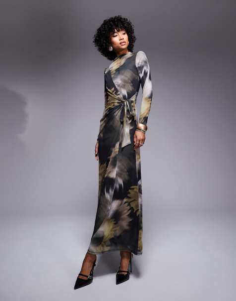 ASOS DESIGN – Langärmliges, hochgeschlossenes Oversize-Maxikleid aus Netzstoff mit Gänseblümchen-Print - view 1