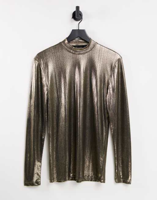 ASOS DESIGN Langarmliges hochgeschlossenes Shirt in Gold Metallic ASOS