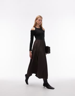 ASOS DESIGN - Langärmliges Hybrid-Maxikleid in Braun-Marineblau