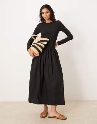 ASOS Design - Langärmliges Hybrid-Midikleid in Schwarz mit U-Ausschnitt am Rücken