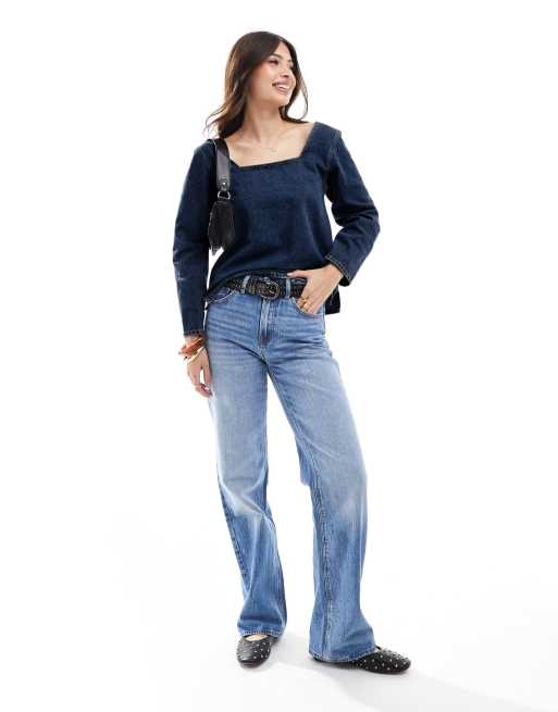 ASOS DESIGN Langarmliges Jeans Oberteil in dunklem Indigoblau mit Ziernaht