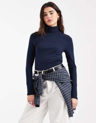 ASOS DESIGN - Langärmliges Jersey-Oberteil in Marineblau mit Rollkragen