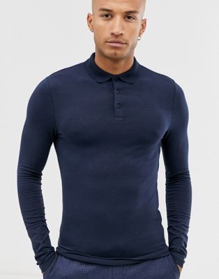 ASOS DESIGN – Langärmliges Jersey-Polohemd in Muskelpassform aus Bio-Mischgewebe in Marineblau
