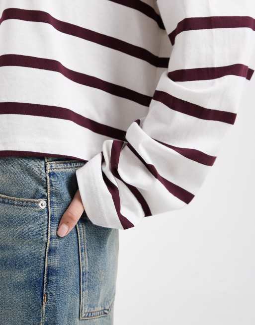 ASOS DESIGN – Langärmliges, kastiges Cropped-Shirt in Pflaume gestreift, 3 von 4