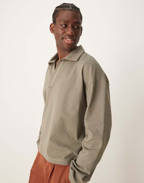 ASOS DESIGN – Langärmliges, kastiges Oversize-Polohemd in Khaki mit tiefem V-Ausschnitt - view 1