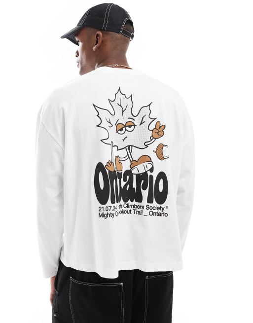 ASOS DESIGN – Langärmliges, kastiges Oversize-Shirt in Weiß mit Cartoon-Print hinten