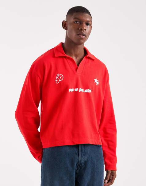 ASOS DESIGN – Langärmliges, kastiges, schweres Oversize-Polohemd aus Pikée in Rot, mit überschnittenen Schultern und Sport-Grafikprint - view 1