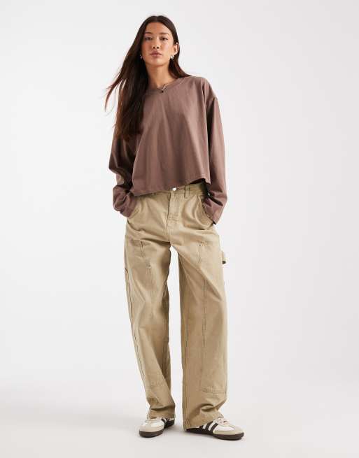 ASOS DESIGN – Langärmliges, kastiges Shirt in Braun mit kürzerem Schnitt, 3 von 3