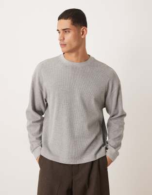 Langärmliges, kastiges Shirt in meliertem Grau mit Oversize-Schnitt und Waffelstruktur Grau 2XL