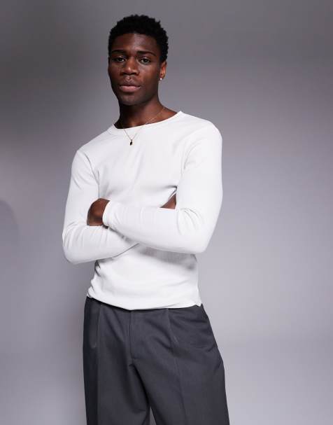 ASOS DESIGN – Langärmliges, kastiges T-Shirt in geripptem Cremeweiß mit körperbetontem Schnitt - view 1